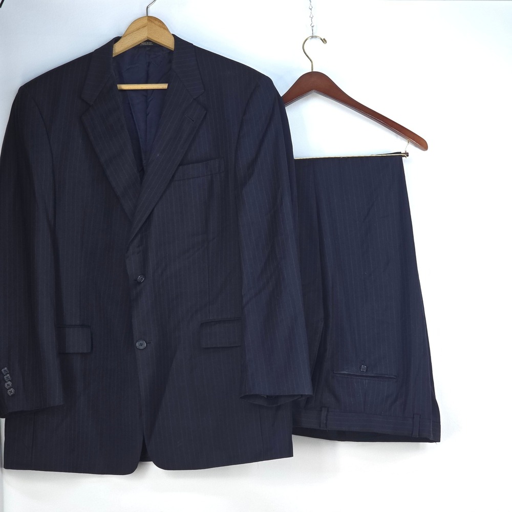 Hart Schaffner Marx Pinstripe Suit 44L Pleated Pants Cuffed Trouser USA Corpcore